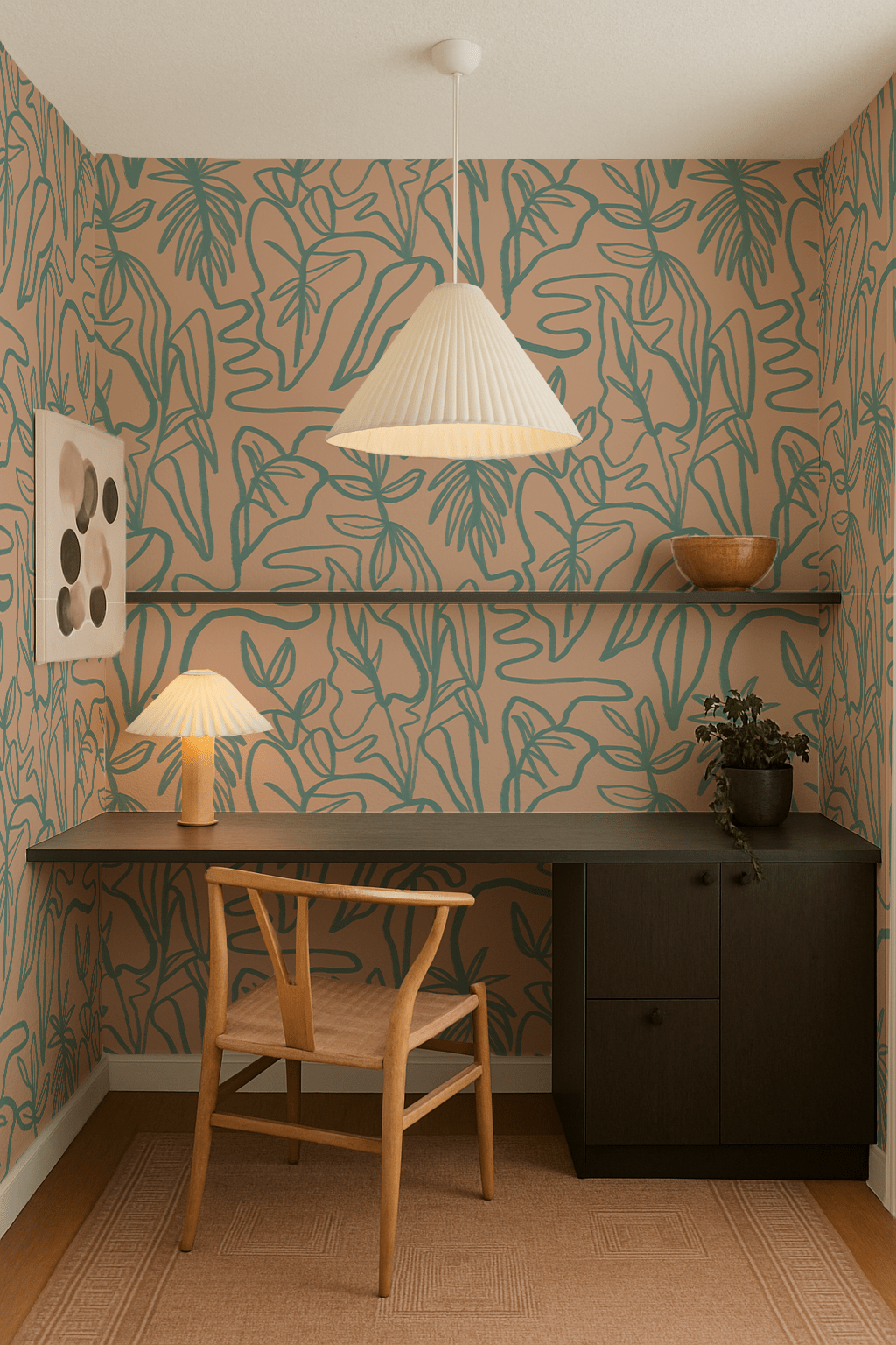 Inked Foliage Wallpaper, peach and teal - mosswell.us