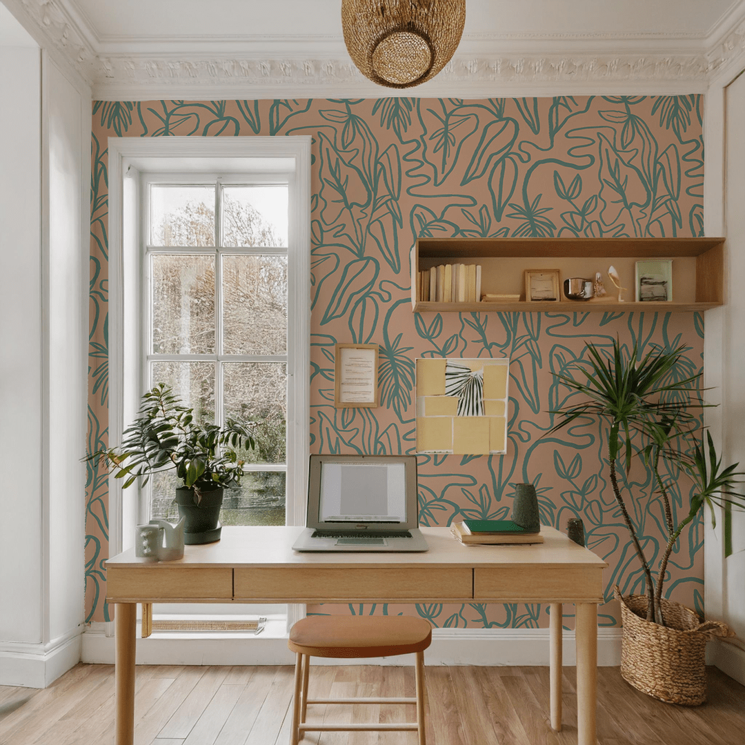 Inked Foliage Wallpaper, peach and teal - mosswell.us