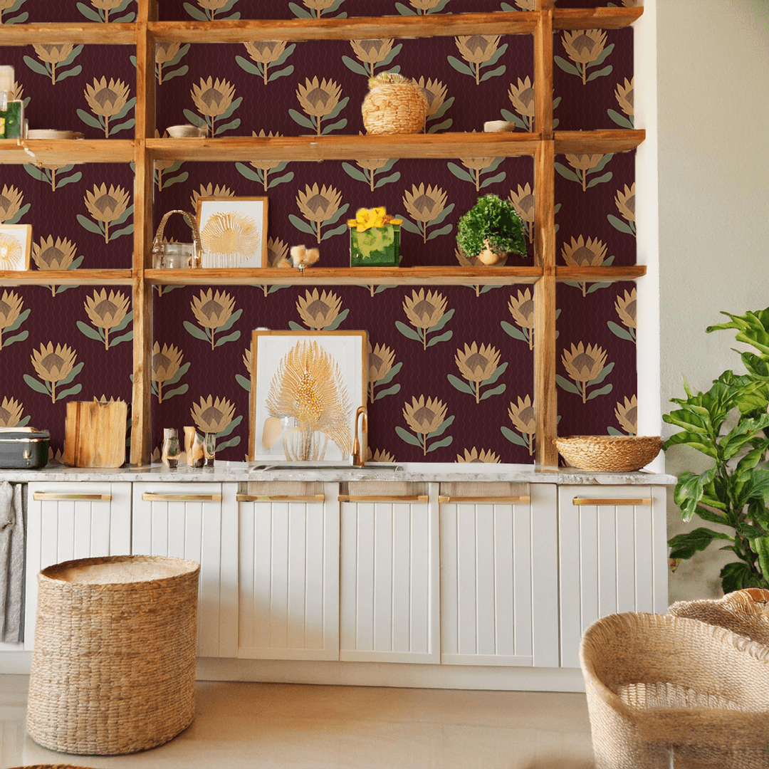 King Protea Wallpaper, dark plum and butter yellow - mosswell.us
