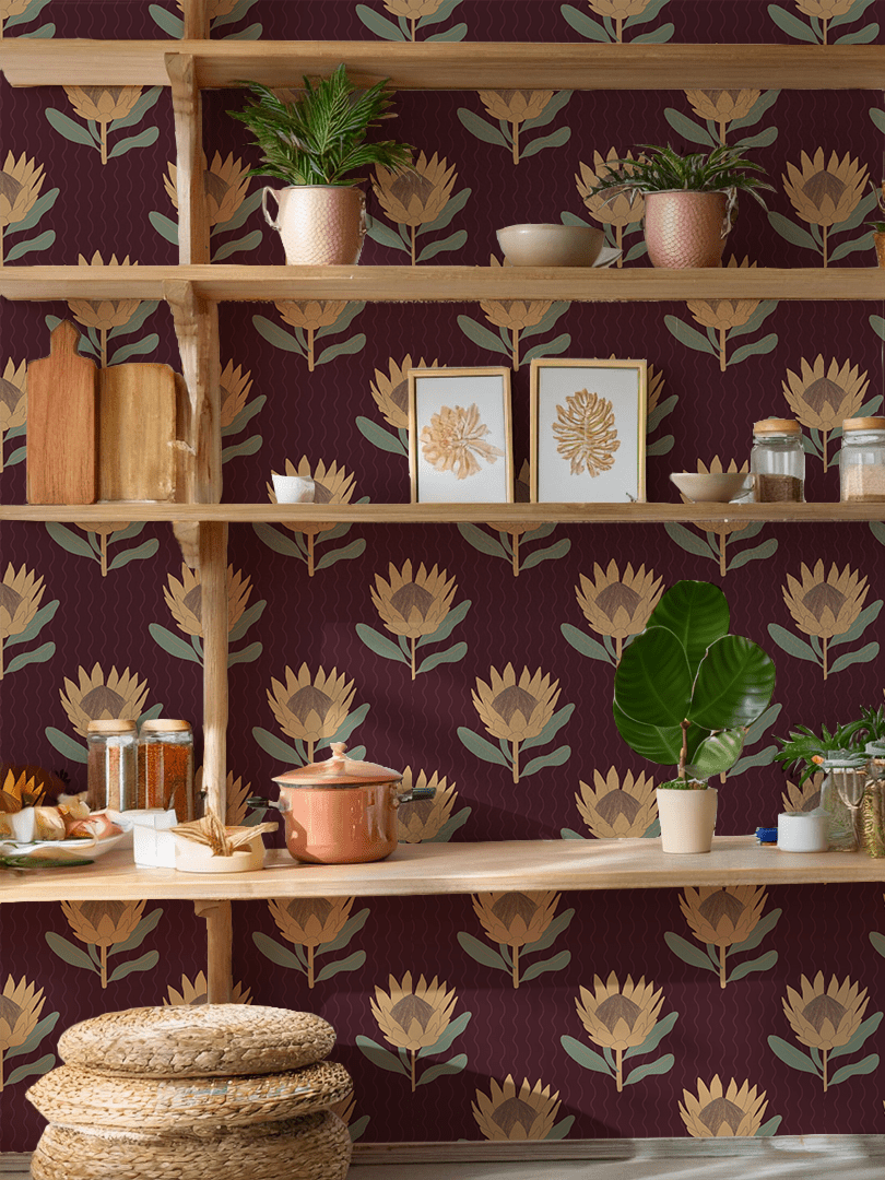 King Protea Wallpaper, dark plum and butter yellow - mosswell.us