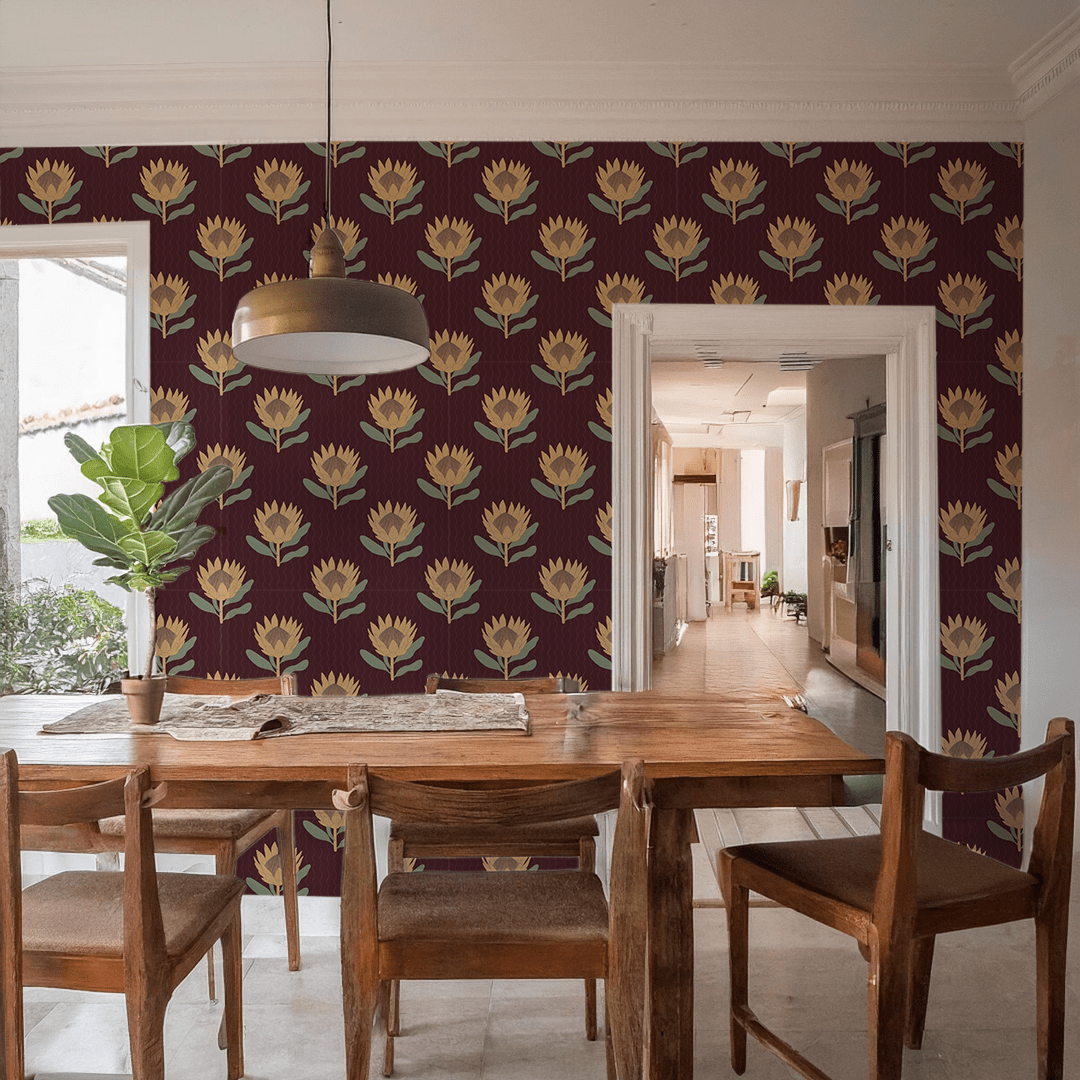 King Protea Wallpaper, dark plum and butter yellow - mosswell.us