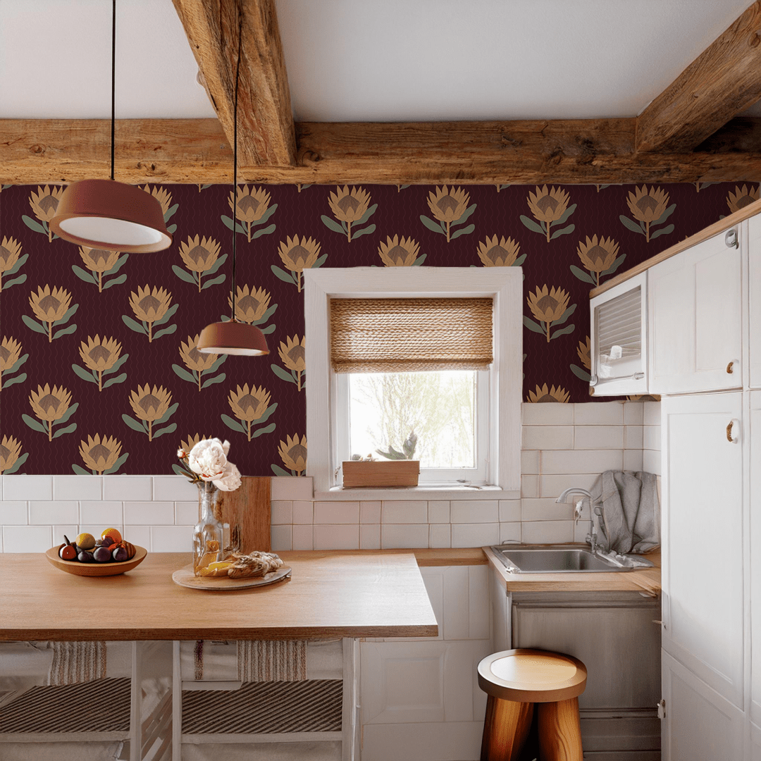 King Protea Wallpaper, dark plum and butter yellow - mosswell.us