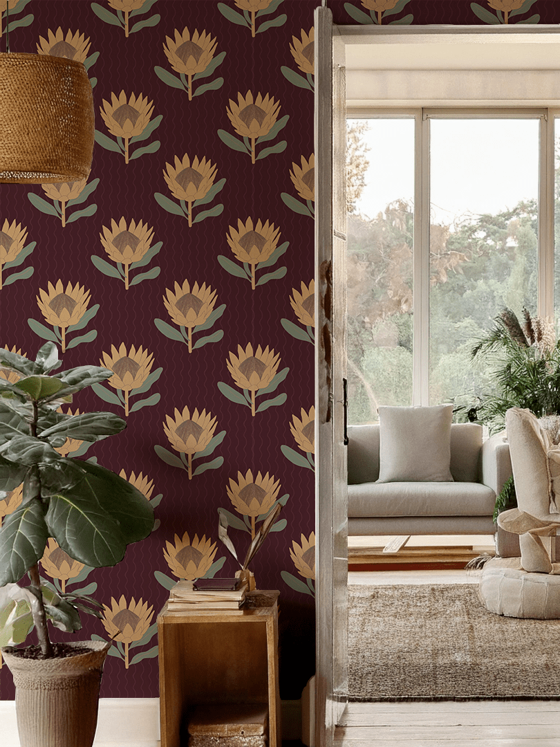 King Protea Wallpaper, dark plum and butter yellow - mosswell.us