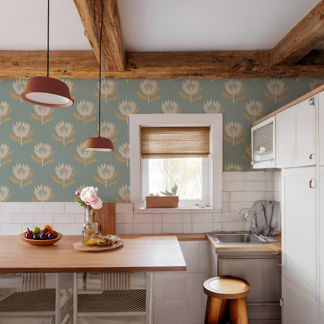 King Protea Wallpaper, light blue and apricot