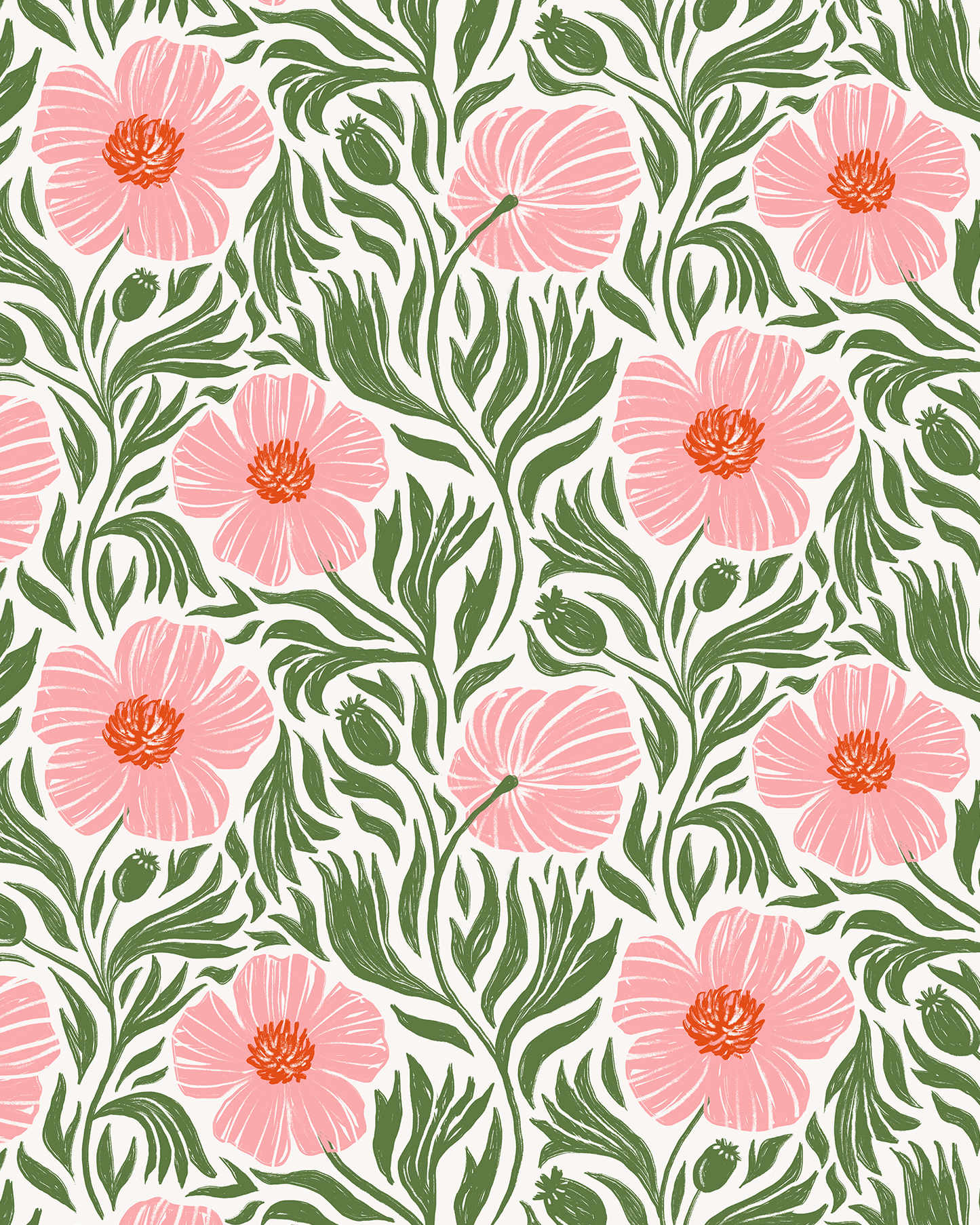 Matilija Wallpaper, white, pink & green - mosswell.us