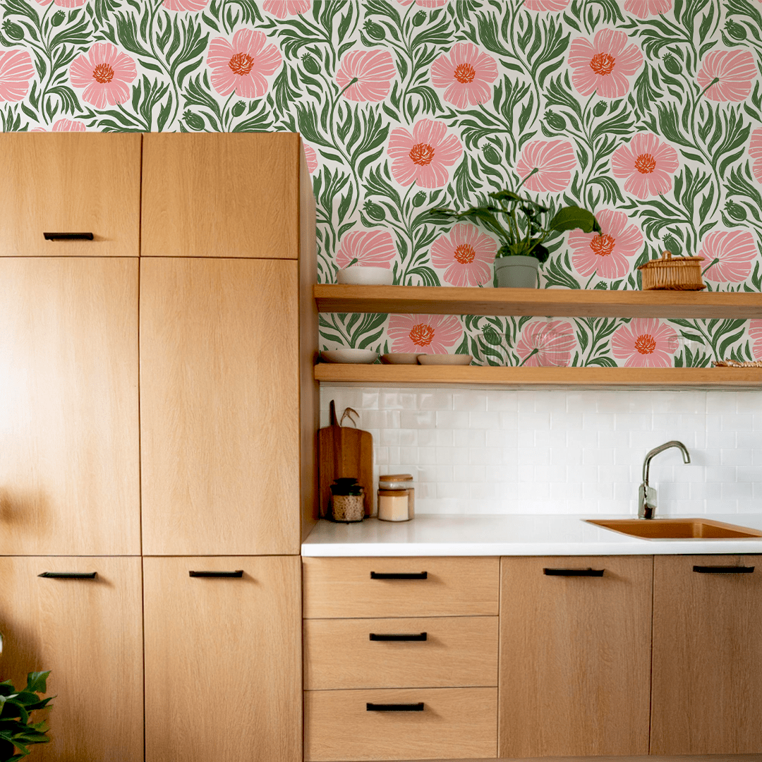 Matilija Wallpaper, white, pink & green - mosswell.us