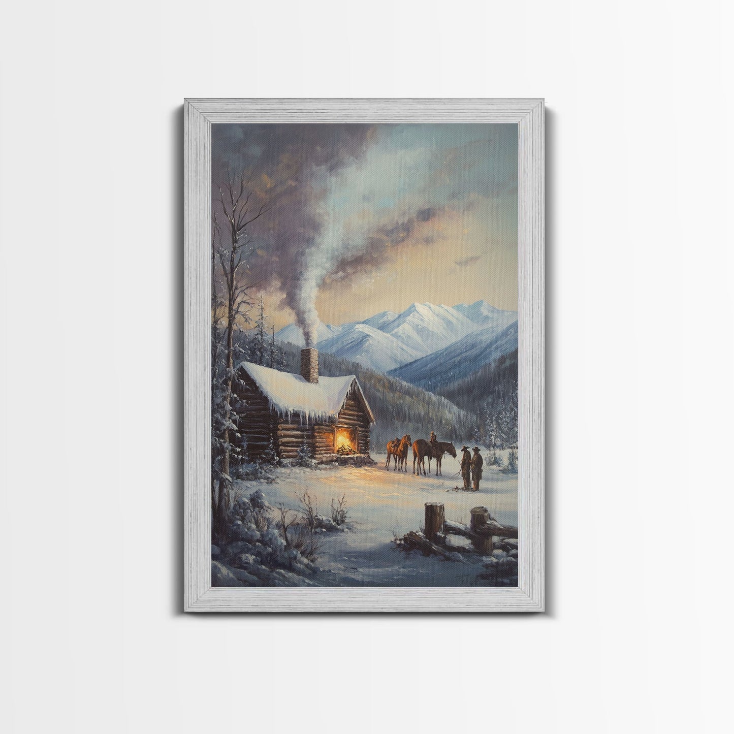 Mountain Cabin In Snow With Horses Framed Canvas Print Wall Art Rustic Winter Decor, Country Christmas Art, Winter Wonderland Scene - mosswell.us
