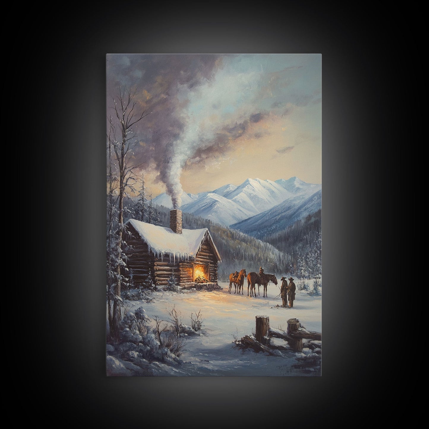 Mountain Cabin In Snow With Horses Framed Canvas Print Wall Art Rustic Winter Decor, Country Christmas Art, Winter Wonderland Scene - mosswell.us