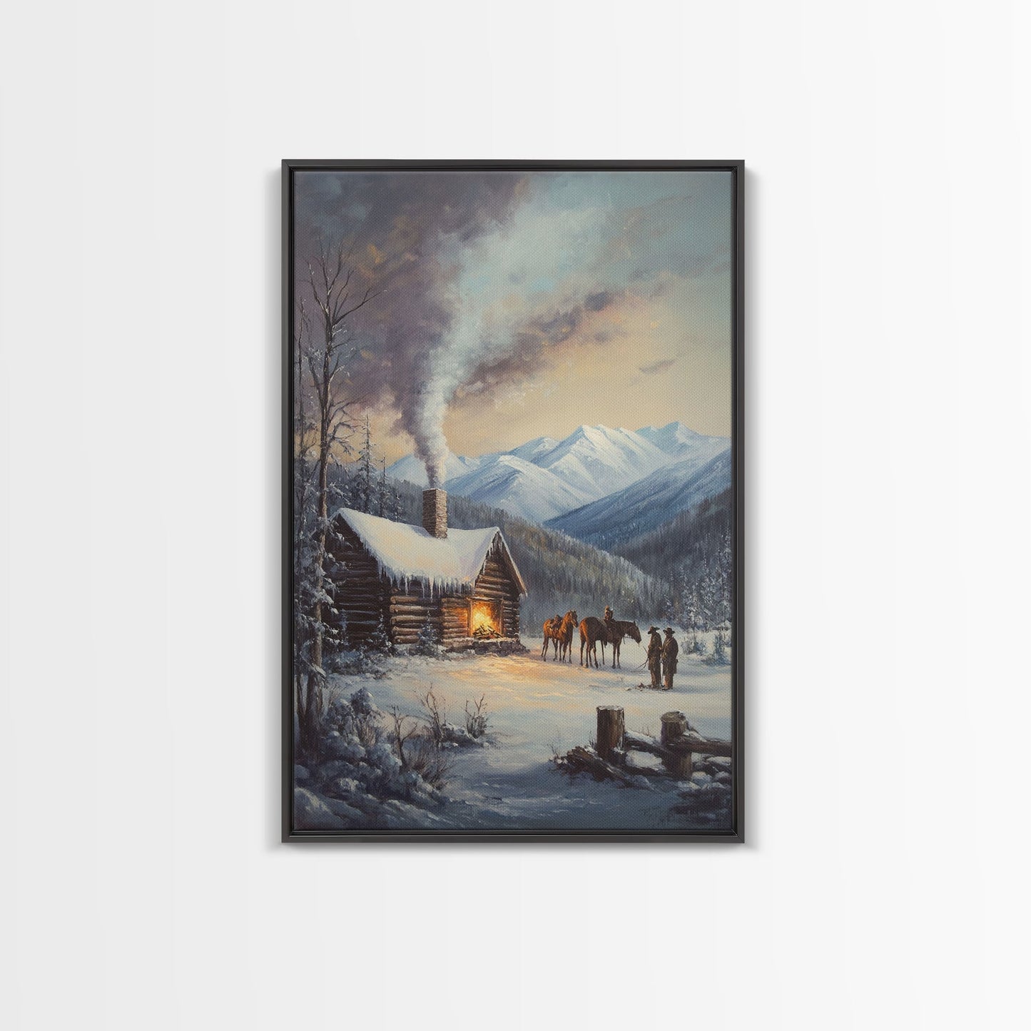 Mountain Cabin In Snow With Horses Framed Canvas Print Wall Art Rustic Winter Decor, Country Christmas Art, Winter Wonderland Scene - mosswell.us