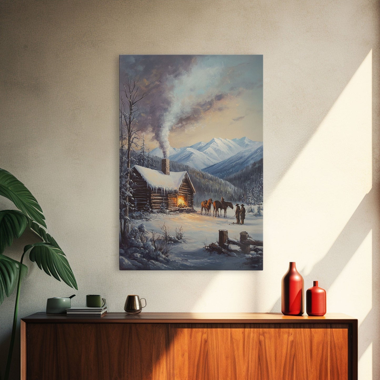 Mountain Cabin In Snow With Horses Framed Canvas Print Wall Art Rustic Winter Decor, Country Christmas Art, Winter Wonderland Scene - mosswell.us