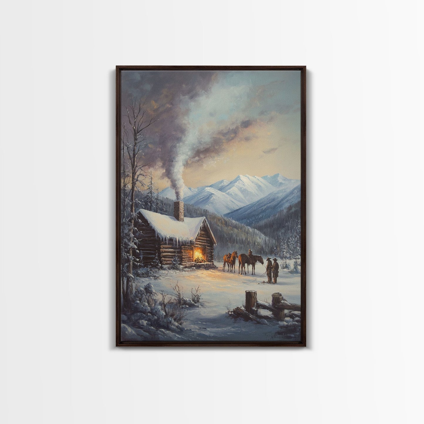 Mountain Cabin In Snow With Horses Framed Canvas Print Wall Art Rustic Winter Decor, Country Christmas Art, Winter Wonderland Scene - mosswell.us