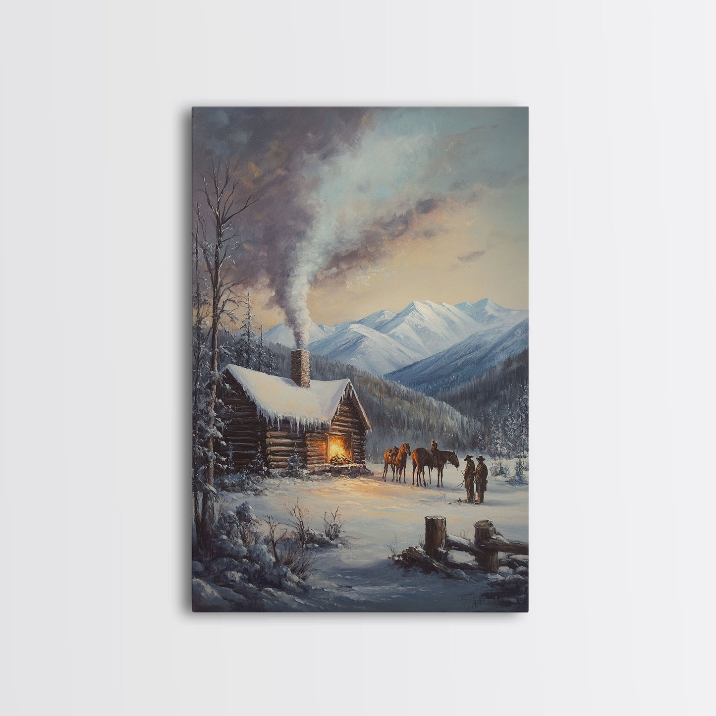 Mountain Cabin In Snow With Horses Framed Canvas Print Wall Art Rustic Winter Decor, Country Christmas Art, Winter Wonderland Scene - mosswell.us