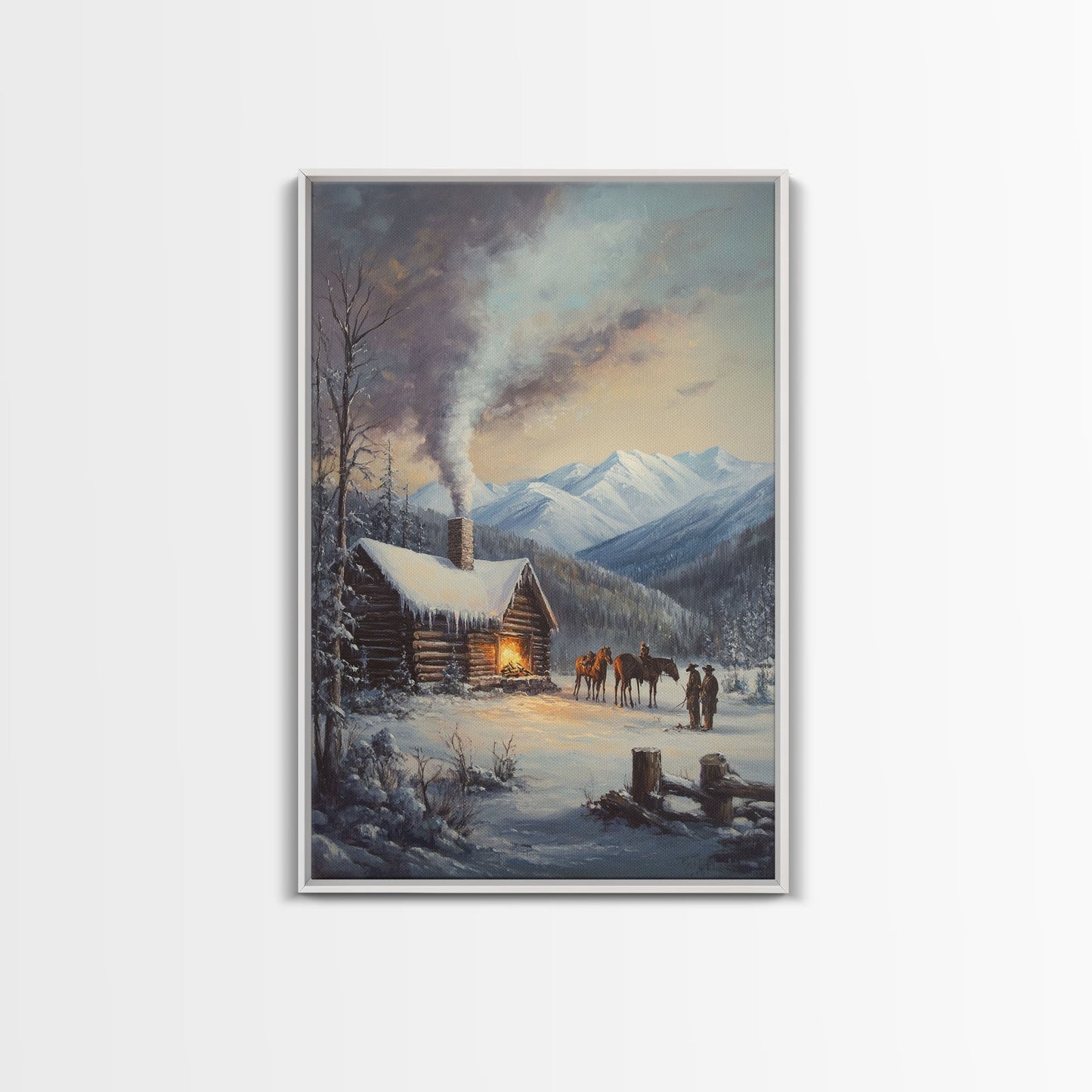 Mountain Cabin In Snow With Horses Framed Canvas Print Wall Art Rustic Winter Decor, Country Christmas Art, Winter Wonderland Scene - mosswell.us