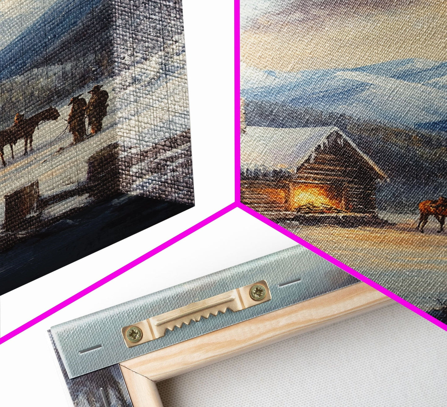 Mountain Cabin In Snow With Horses Framed Canvas Print Wall Art Rustic Winter Decor, Country Christmas Art, Winter Wonderland Scene - mosswell.us