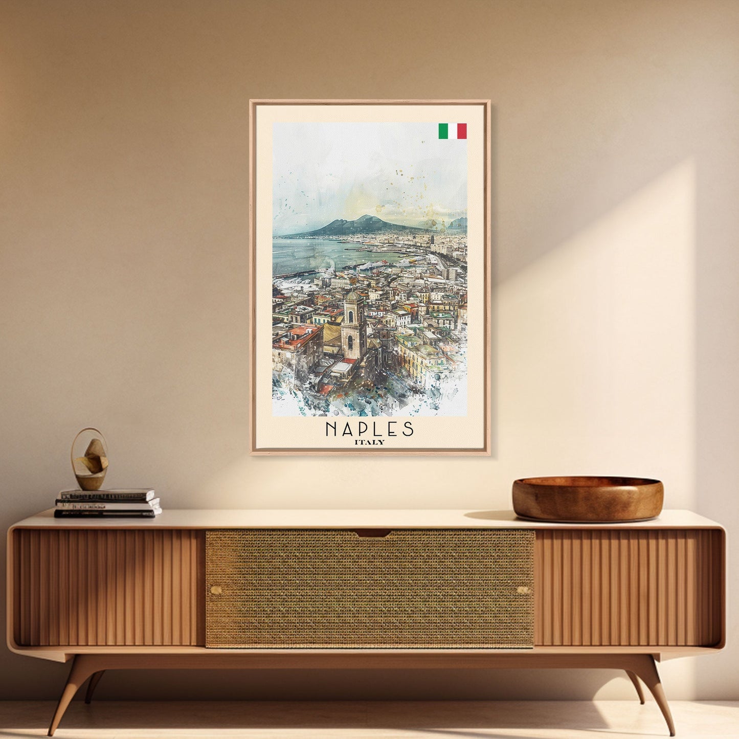 Naples Italy Framed Canvas Print, Scenic Travel Poster, Watercolor Painting, Coastal Wall Art, Home Decor, Vacation Art, Unique Art - mosswell.us