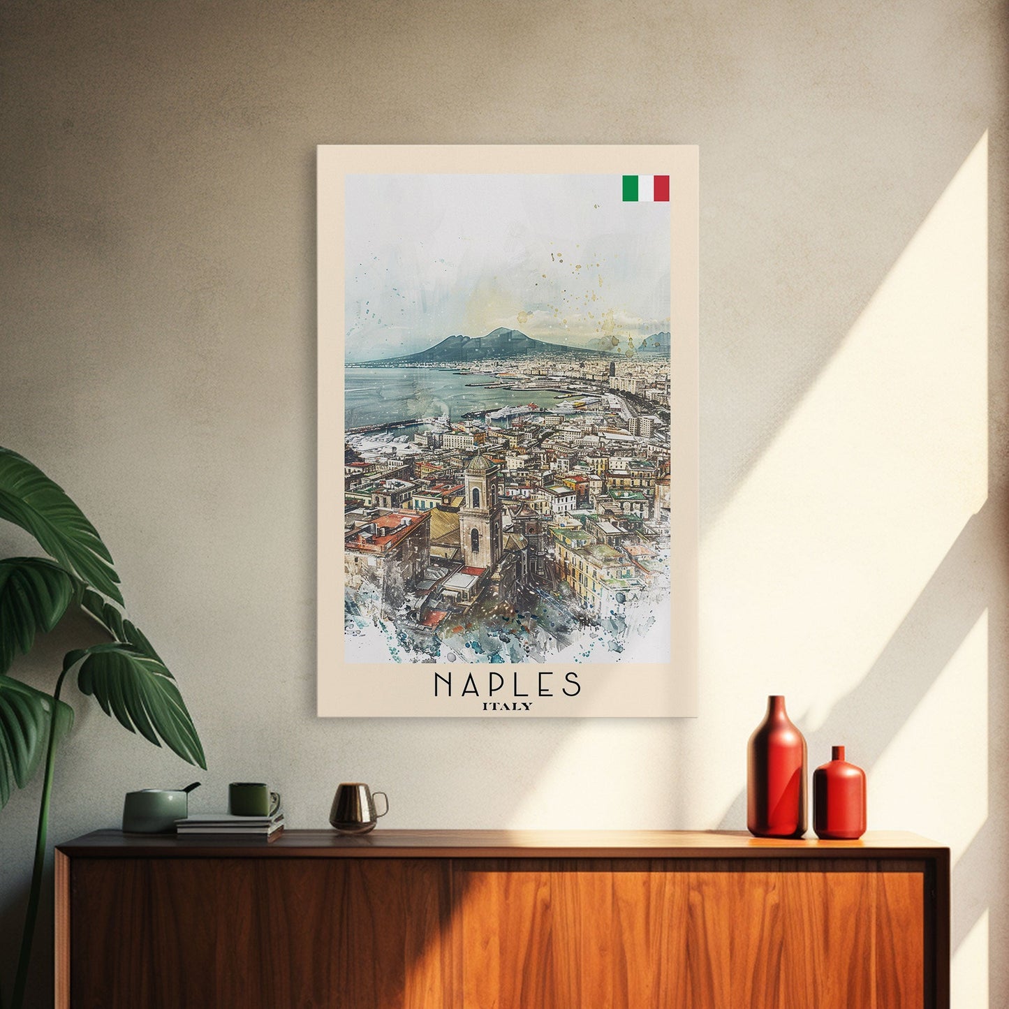 Naples Italy Framed Canvas Print, Scenic Travel Poster, Watercolor Painting, Coastal Wall Art, Home Decor, Vacation Art, Unique Art - mosswell.us