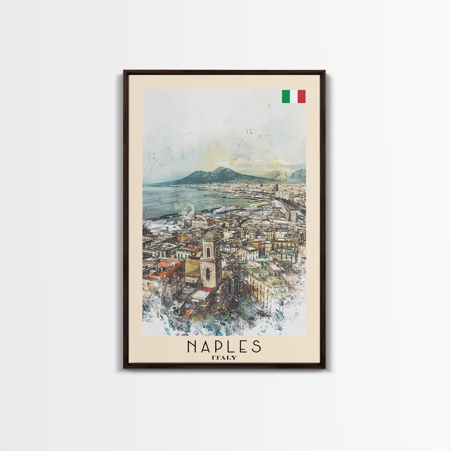 Naples Italy Framed Canvas Print, Scenic Travel Poster, Watercolor Painting, Coastal Wall Art, Home Decor, Vacation Art, Unique Art - mosswell.us