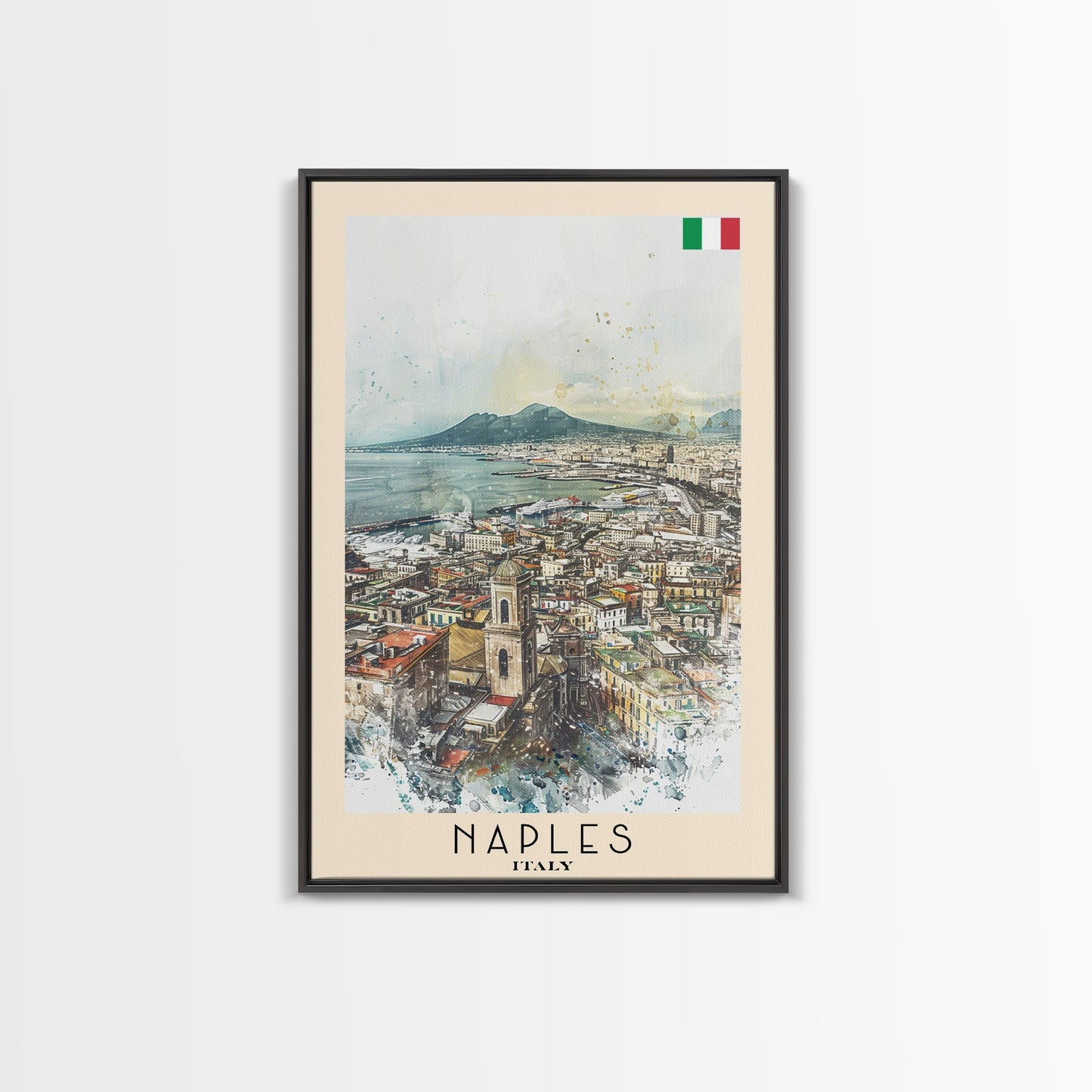 Naples Italy Framed Canvas Print, Scenic Travel Poster, Watercolor Painting, Coastal Wall Art, Home Decor, Vacation Art, Unique Art - mosswell.us