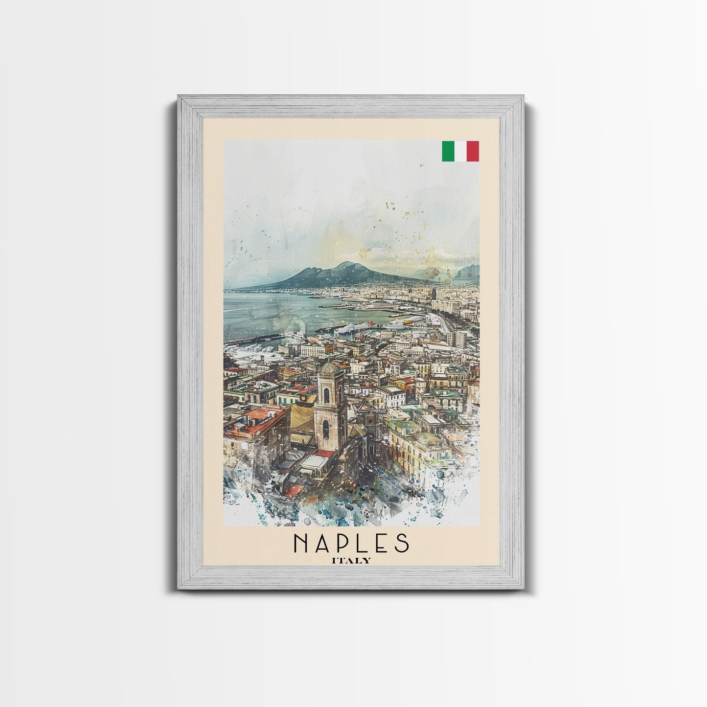 Naples Italy Framed Canvas Print, Scenic Travel Poster, Watercolor Painting, Coastal Wall Art, Home Decor, Vacation Art, Unique Art - mosswell.us