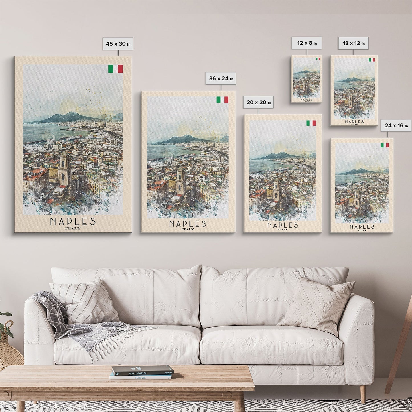 Naples Italy Framed Canvas Print, Scenic Travel Poster, Watercolor Painting, Coastal Wall Art, Home Decor, Vacation Art, Unique Art - mosswell.us