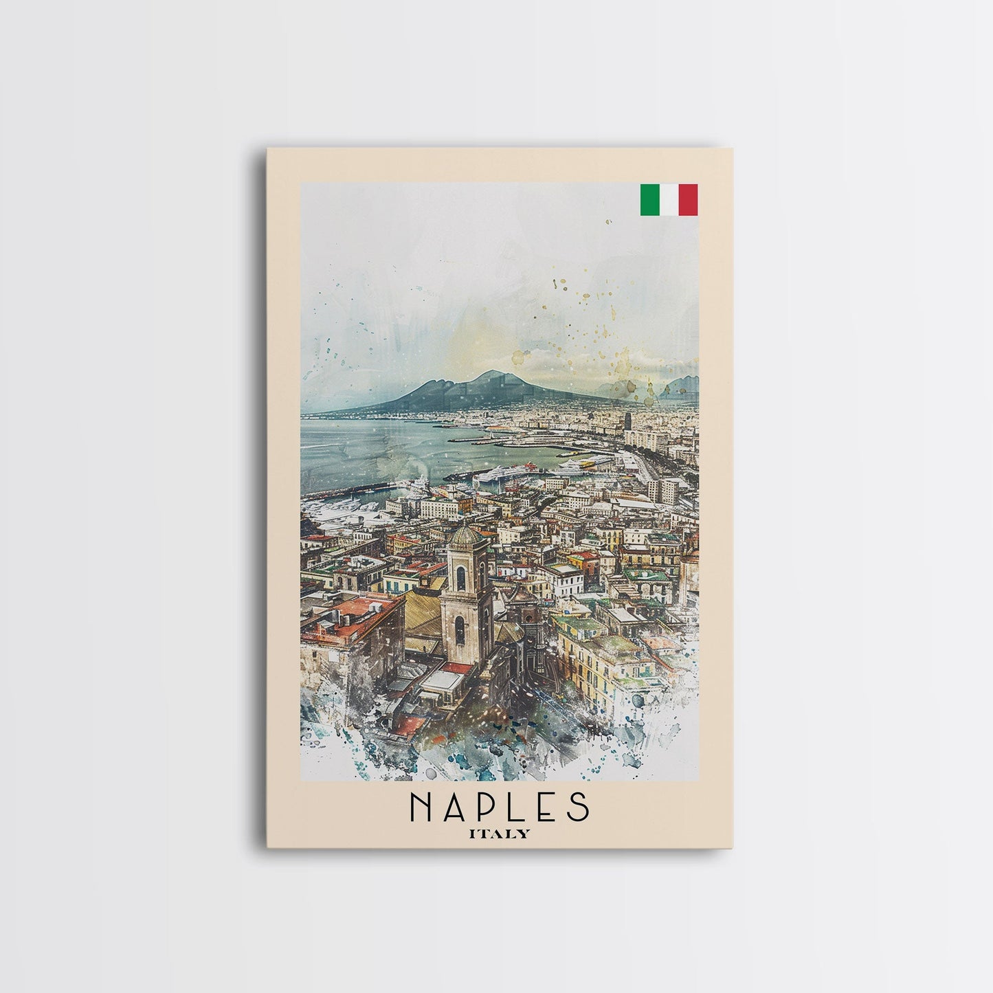 Naples Italy Framed Canvas Print, Scenic Travel Poster, Watercolor Painting, Coastal Wall Art, Home Decor, Vacation Art, Unique Art - mosswell.us