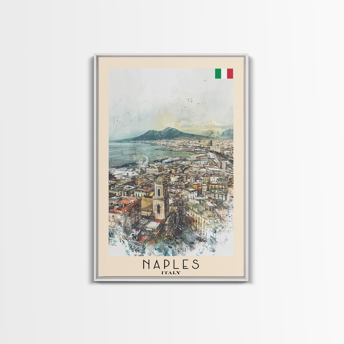 Naples Italy Framed Canvas Print, Scenic Travel Poster, Watercolor Painting, Coastal Wall Art, Home Decor, Vacation Art, Unique Art - mosswell.us