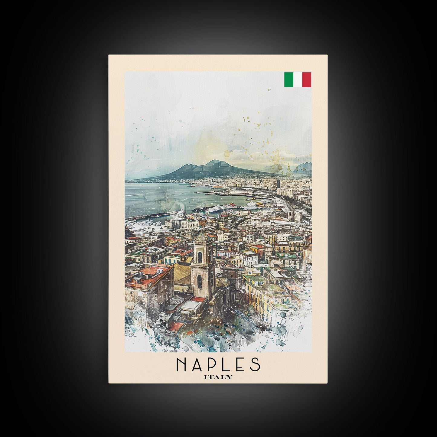 Naples Italy Framed Canvas Print, Scenic Travel Poster, Watercolor Painting, Coastal Wall Art, Home Decor, Vacation Art, Unique Art - mosswell.us
