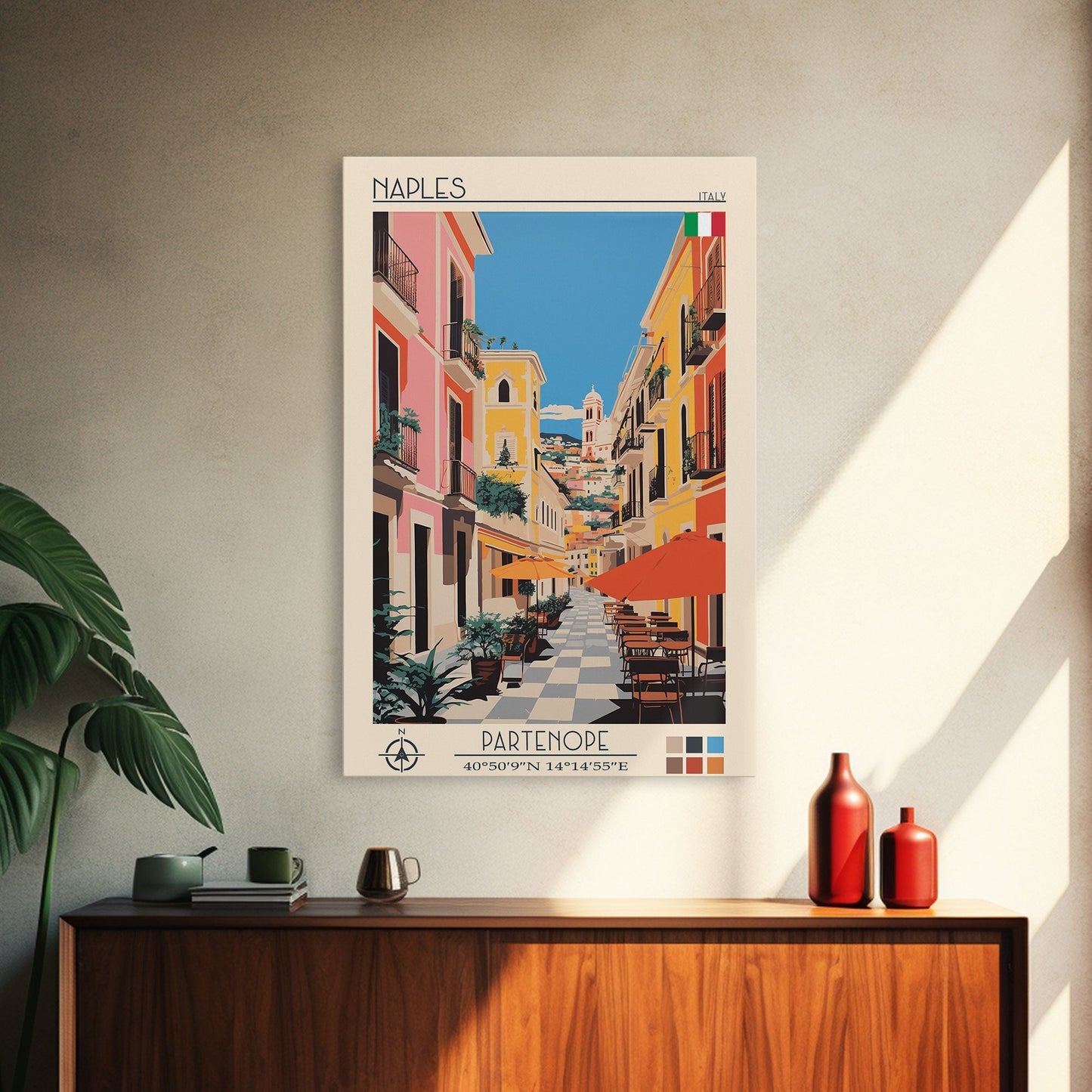 Naples Italy Travel Poster Framed Canvas Print, Midcentury Modern Art, Pop Art Wall Decor, Scenic Wall Art, Living Room Decoration, Office Art - mosswell.us