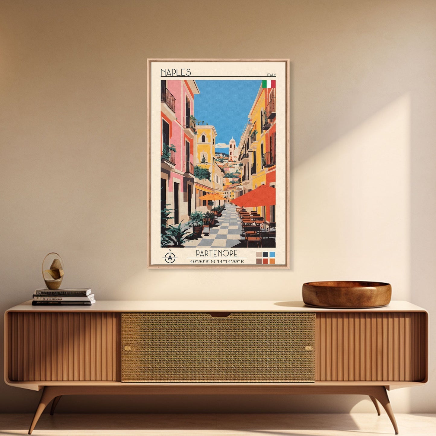 Naples Italy Travel Poster Framed Canvas Print, Midcentury Modern Art, Pop Art Wall Decor, Scenic Wall Art, Living Room Decoration, Office Art - mosswell.us