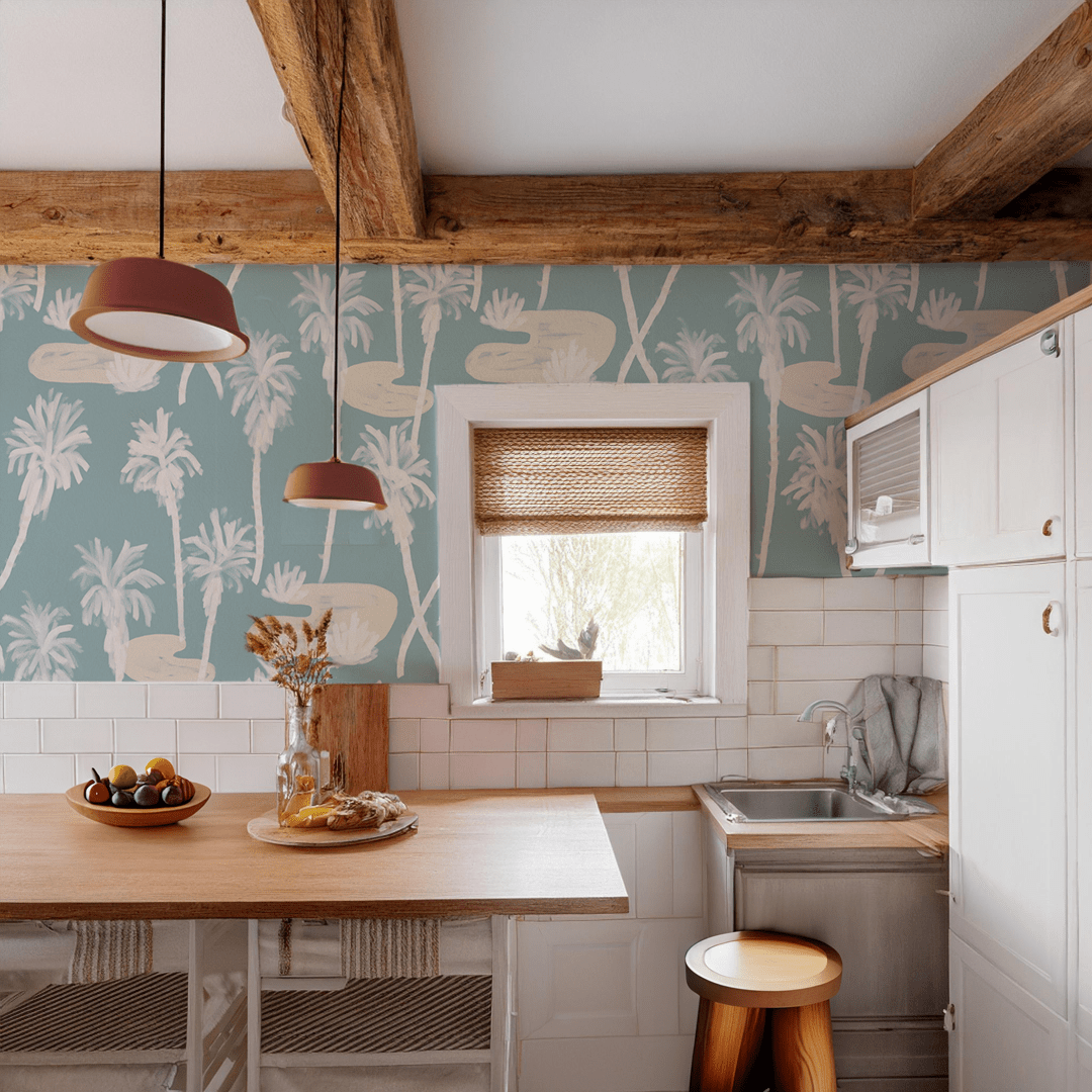 Palm Oasis Wallpaper, blue and white - mosswell.us