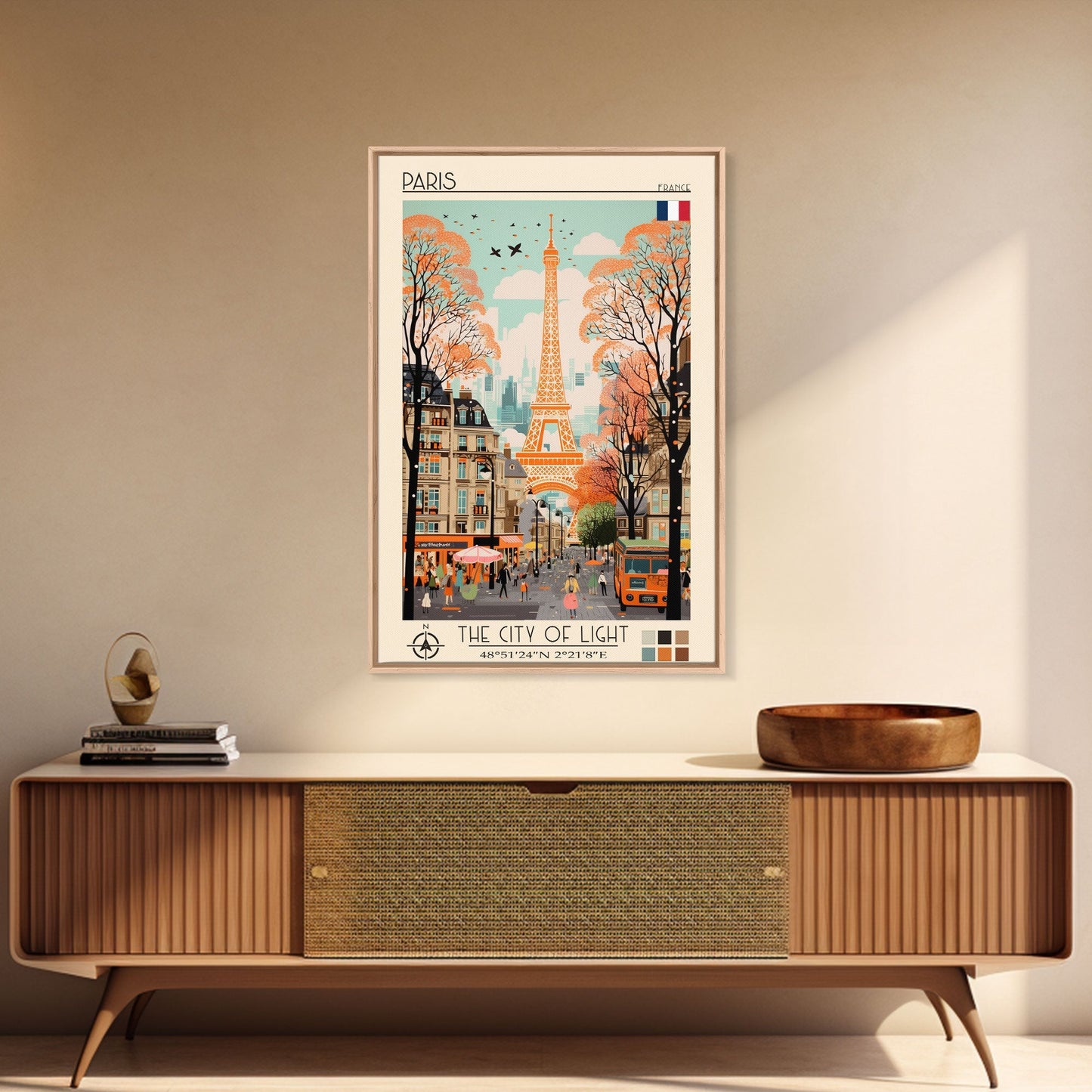 Paris France Travel Poster Framed Canvas Print, Midcentury Modern Art, Pop Art Wall Decor, Scenic Wall Art, Living Room Decoration, Office Gift - mosswell.us