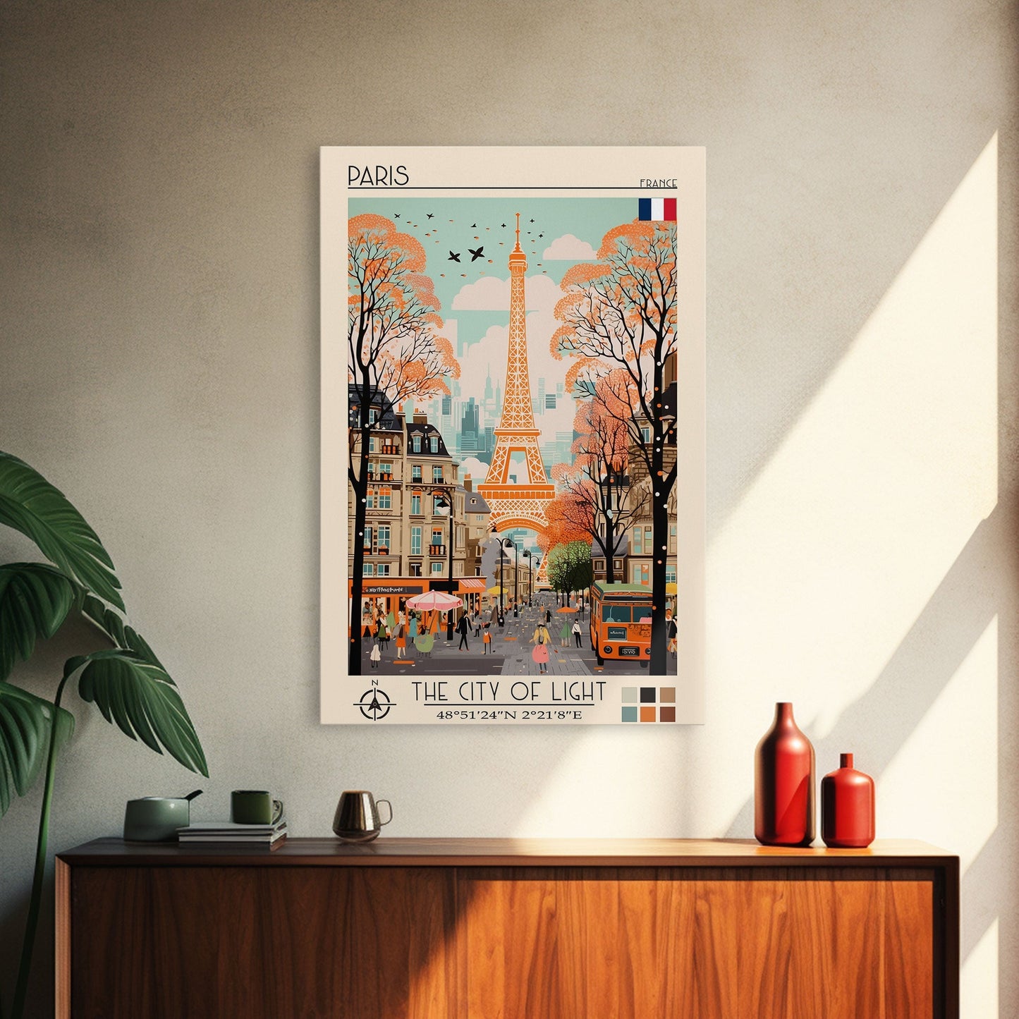 Paris France Travel Poster Framed Canvas Print, Midcentury Modern Art, Pop Art Wall Decor, Scenic Wall Art, Living Room Decoration, Office Gift - mosswell.us