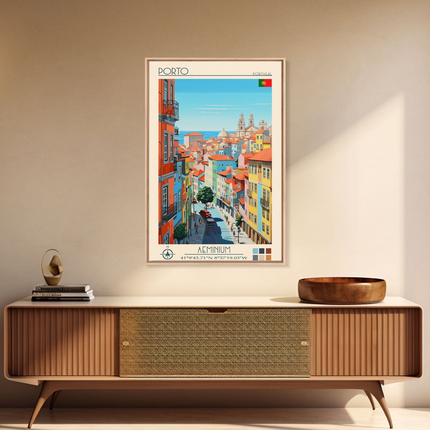 Porto Portugal Travel Poster Framed Canvas Print, Midcentury Modern Art, Pop Art Wall Decor, Scenic Wall Art, Living Room Decoration, Office Gift - mosswell.us