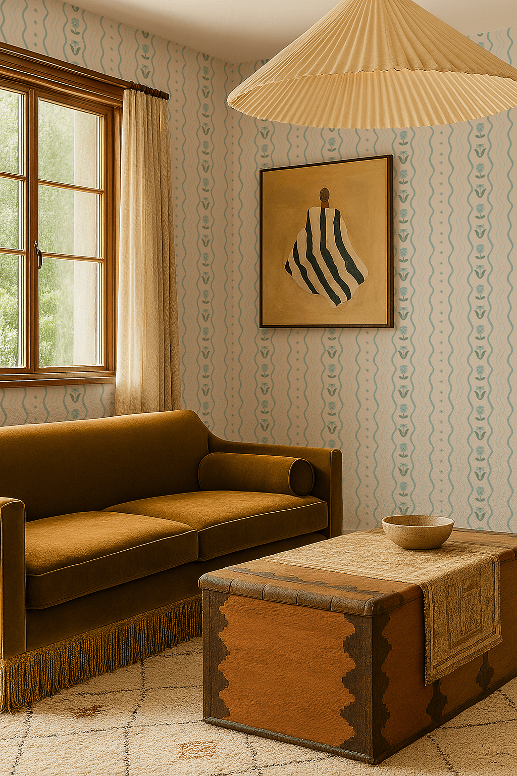 Posy Lane Stripe Wallpaper, beige and light blue - mosswell.us