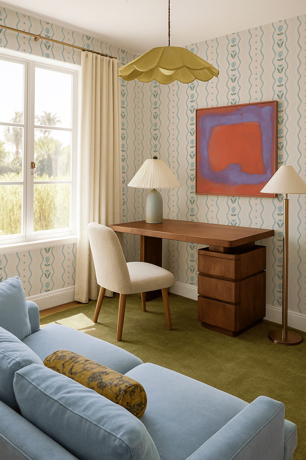 Posy Lane Stripe Wallpaper, beige and light blue - mosswell.us