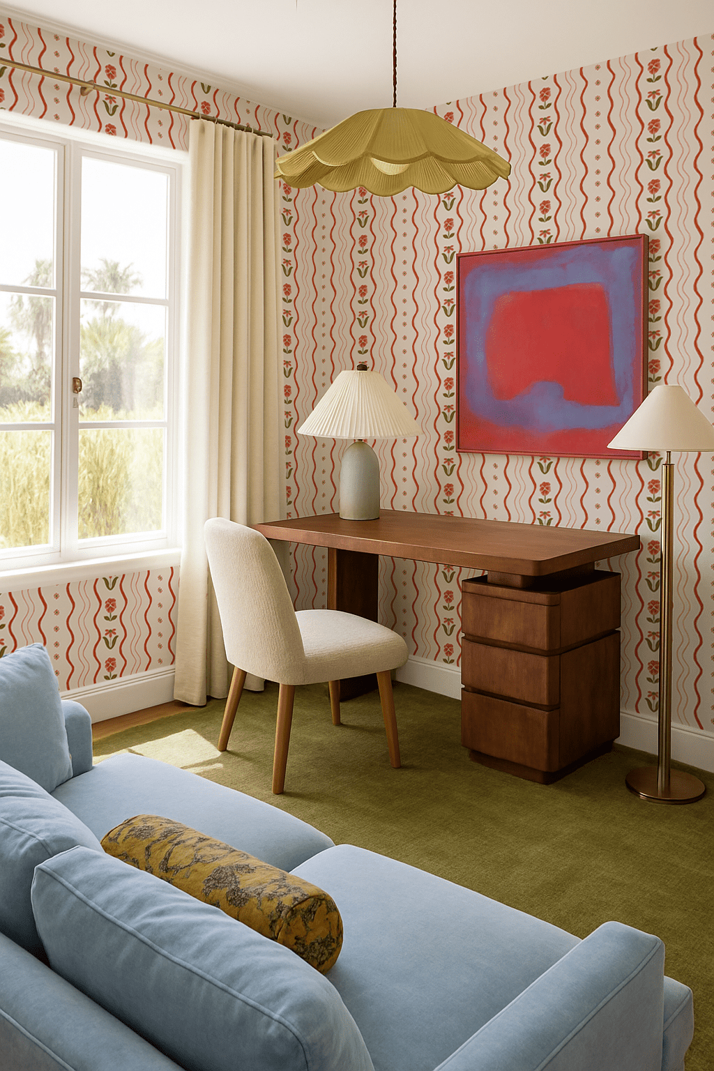 Posy Lane Stripe Wallpaper, beige and poppy red - mosswell.us