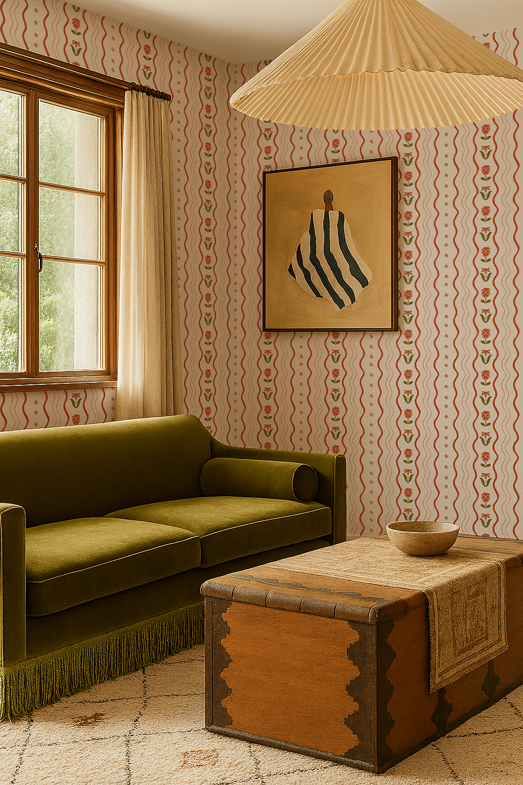 Posy Lane Stripe Wallpaper, beige and poppy red - mosswell.us