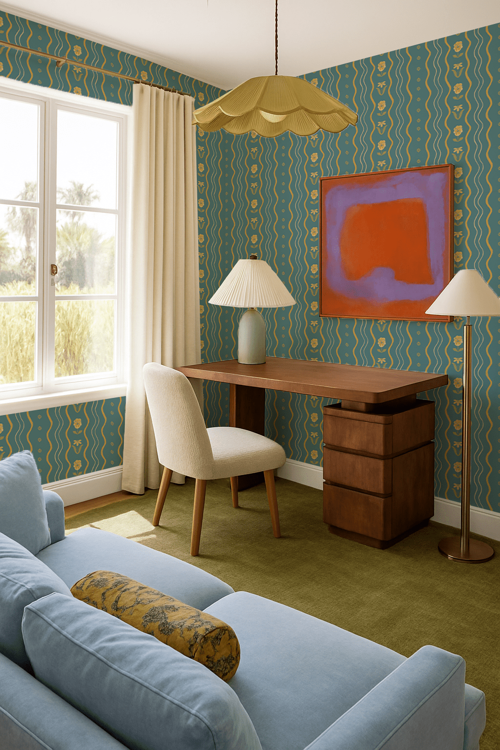 Posy Lane Stripe Wallpaper, blue and yellow - mosswell.us