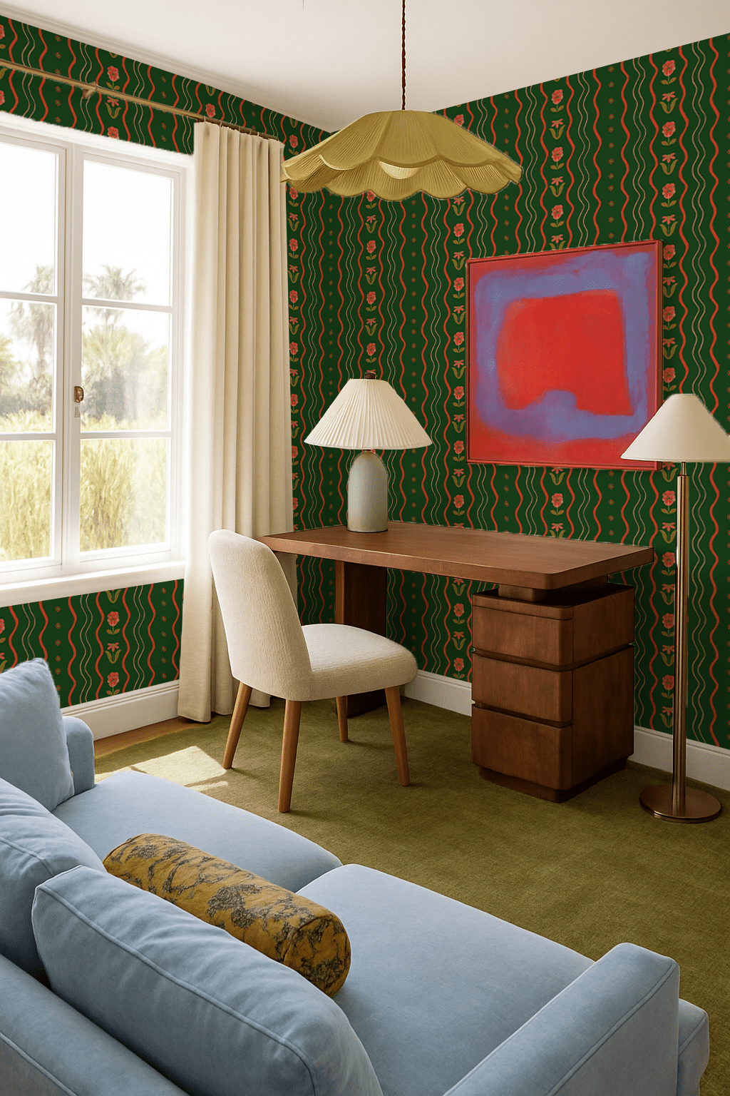 Posy Lane Stripe Wallpaper, dark green and poppy red - mosswell.us