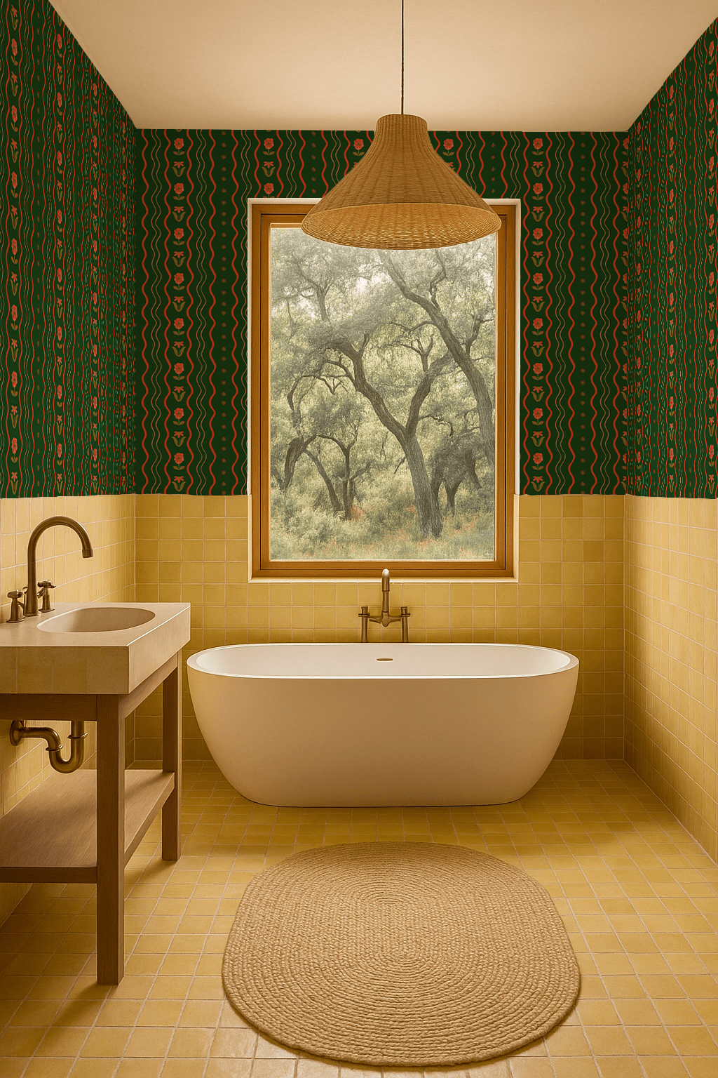 Posy Lane Stripe Wallpaper, dark green and poppy red - mosswell.us