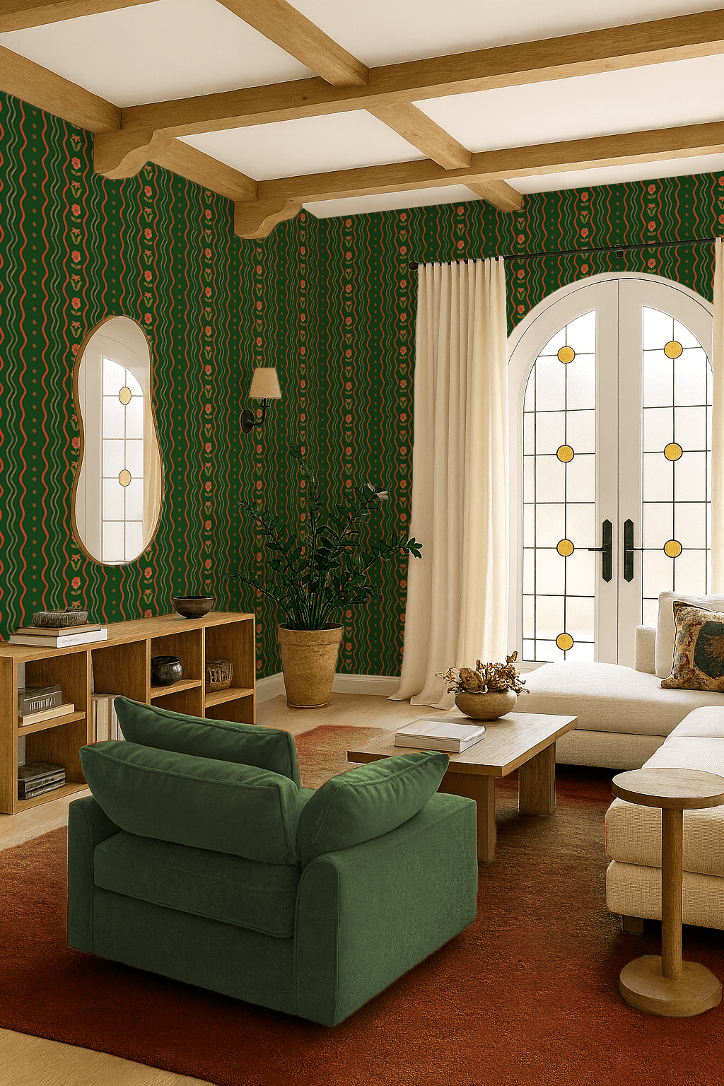 Posy Lane Stripe Wallpaper, dark green and poppy red - mosswell.us