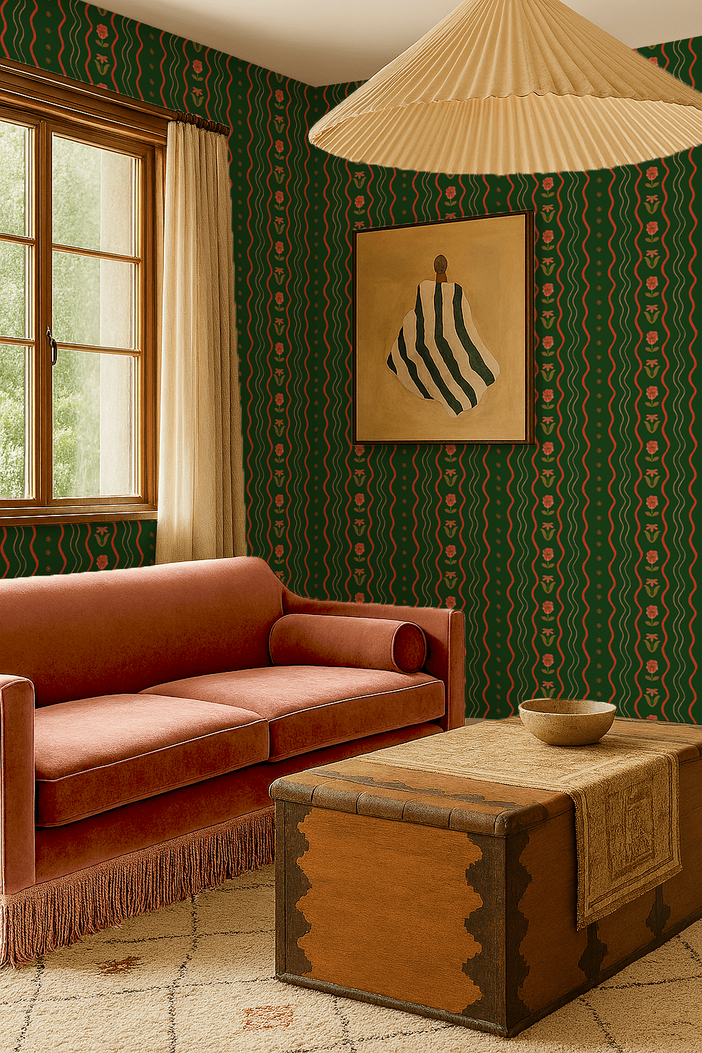Posy Lane Stripe Wallpaper, dark green and poppy red - mosswell.us