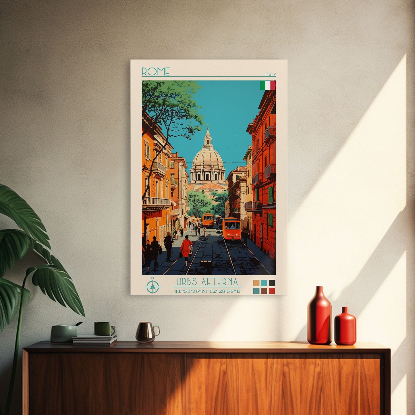 Rome Italy Travel Poster Framed Canvas Print, Midcentury Modern Art, Pop Art Wall Decor, Home Decor, Vacation Gift, Office Art - mosswell.us