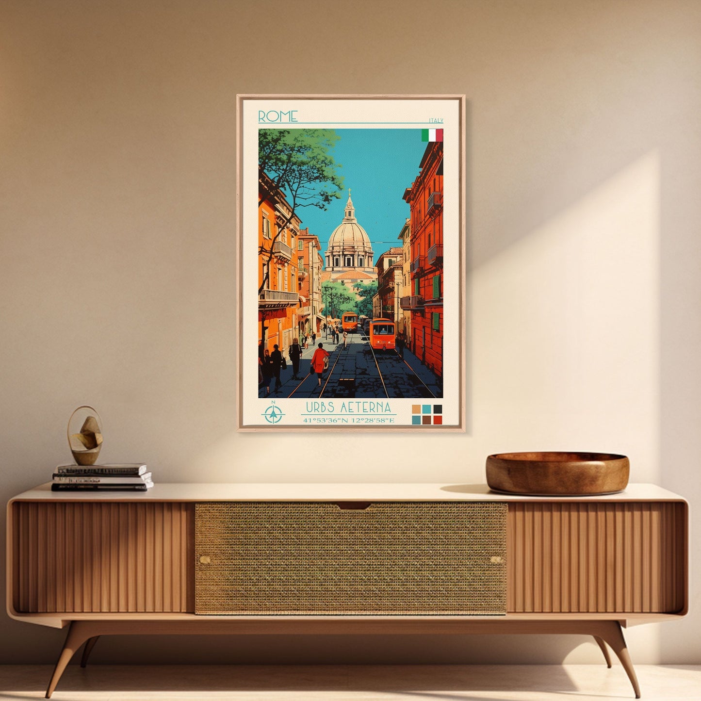 Rome Italy Travel Poster Framed Canvas Print, Midcentury Modern Art, Pop Art Wall Decor, Home Decor, Vacation Gift, Office Art - mosswell.us