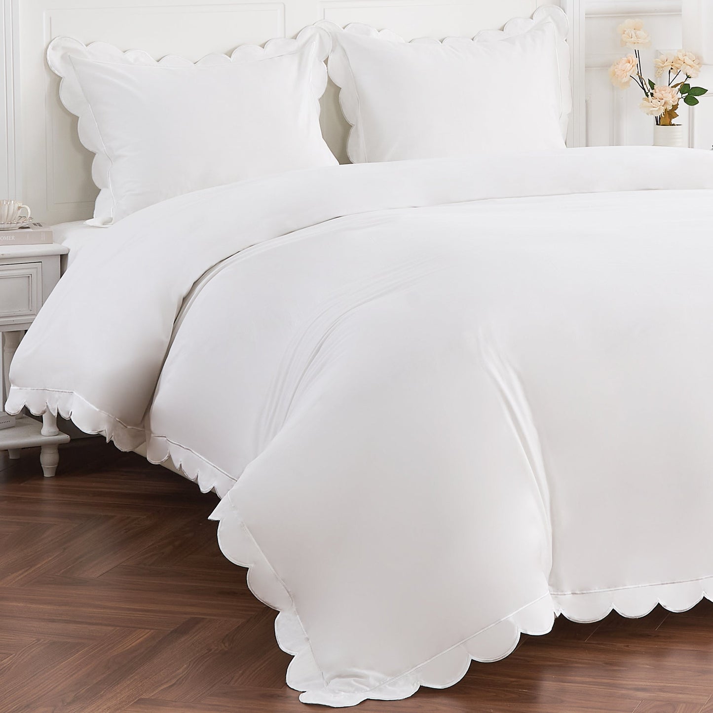 Scallop Frame Embroidered Cotton Percale Duvet Set - mosswell.us