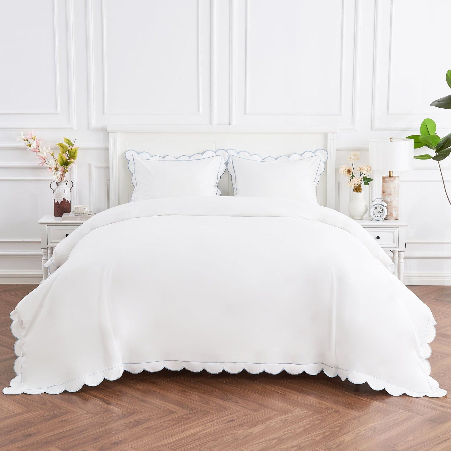 Scallop Frame Embroidered Cotton Percale Duvet Set - mosswell.us