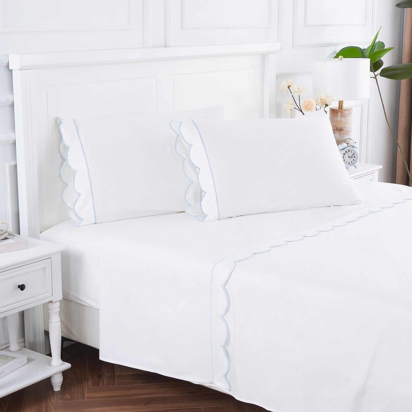 Scallop Frame Embroidered Cotton Percale Sheet Set - mosswell.us
