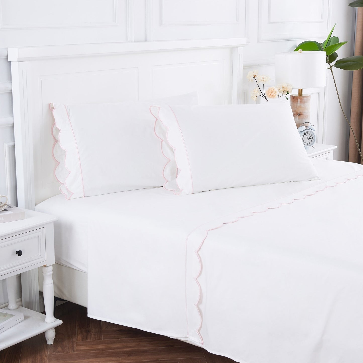 Scallop Frame Embroidered Cotton Percale Sheet Set - mosswell.us