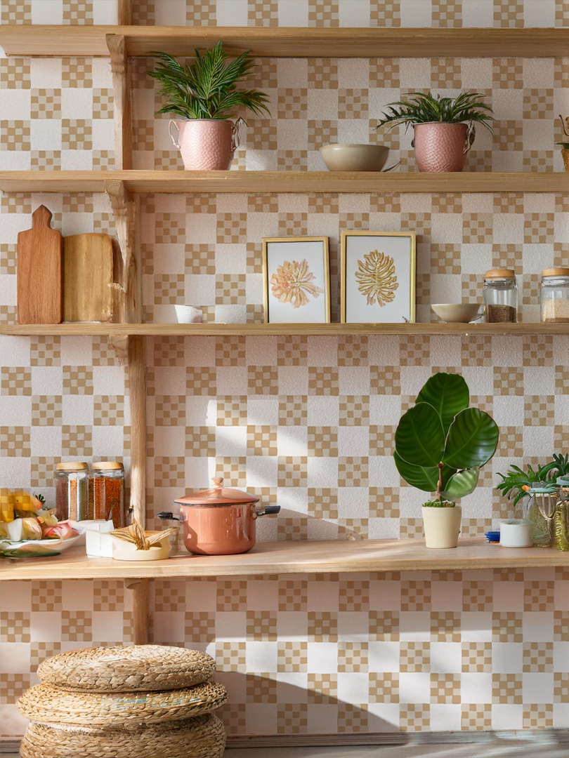 Checkered Quilt Wallpaper, tan and white