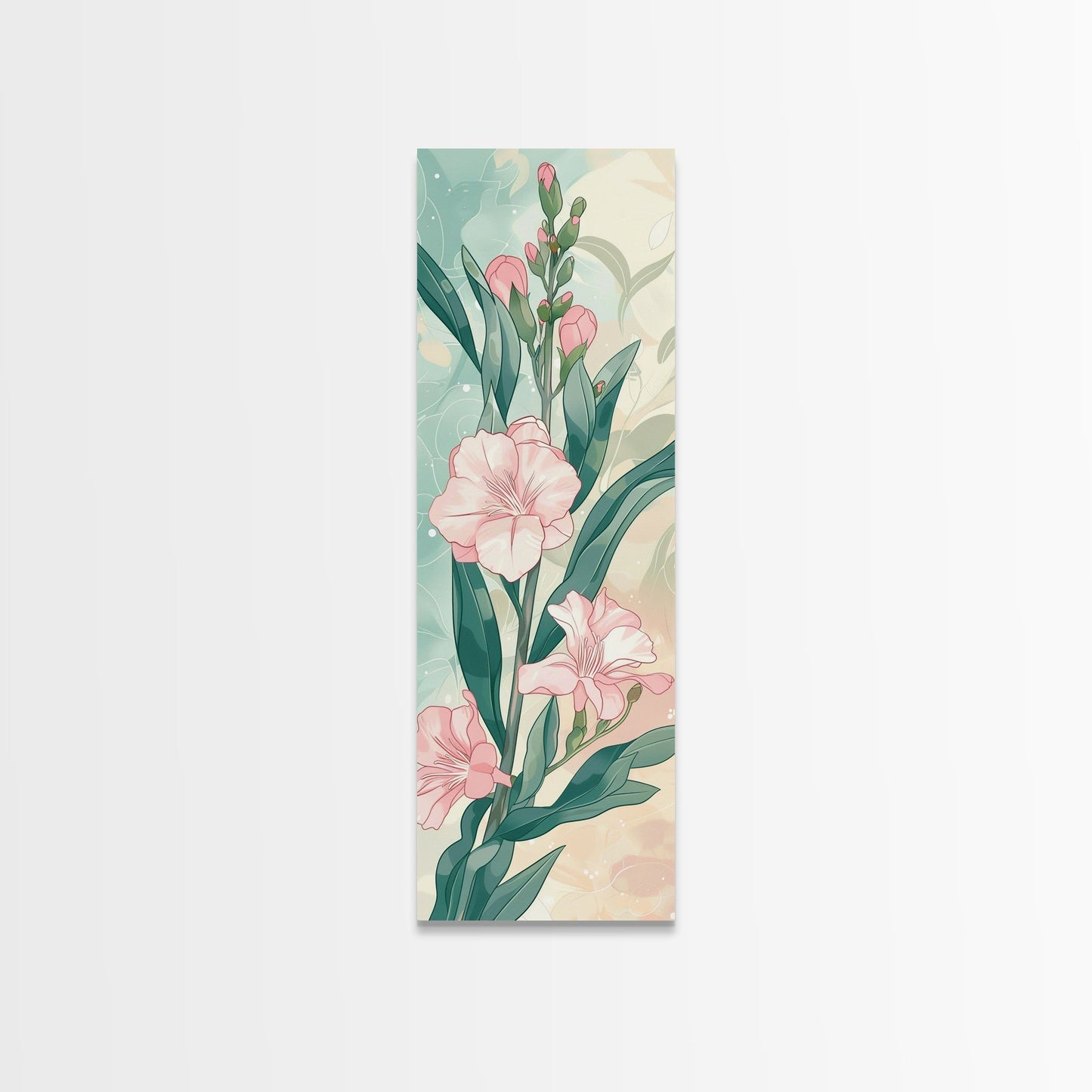 Skinny Art Pink Oleander Flowers In Japanese Style Wood Block Print Elegant Pastel Hues On Framed Canvas Print, Tall Art Ukiyo - e - mosswell.us